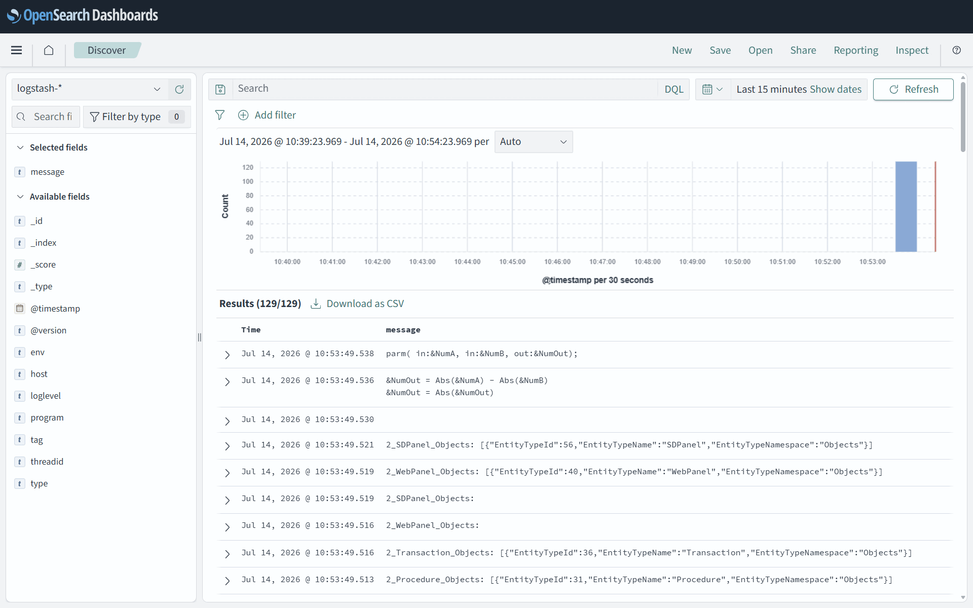 Dashboard de OpenSearch con logs centralizados y campos estructurados
